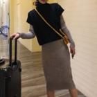 Set: Rib Knit Dress + Short-sleeve Top Dress - Light Gray - One Size / Top - Black - One Size