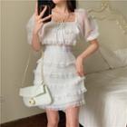 Short-sleeve Lace Trim Mini Tiered Dress