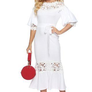 Balloon-sleeve Lace Panel Midi Sheath Dress
