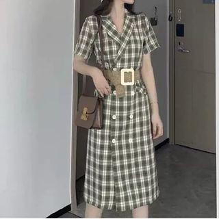 Short-sleeve Plaid Double Breasted Sheath Midi Dress