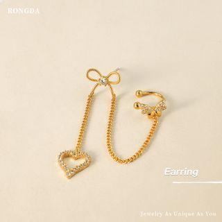 Rhinestone Heart Drop Earring With Ear Cuff 1 Pc - Gold - One Size
