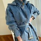 Detachable-hood Denim Trench Coat Blue - One Size