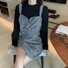 Plain Long-sleeve T-shirt / Plaid Knotted Pinafore Dress