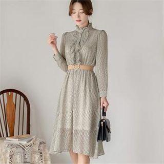 Frill-trim Patterned Dress With Belt