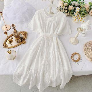 Short-sleeve Eyelet Lace A-line Dress White - One Size