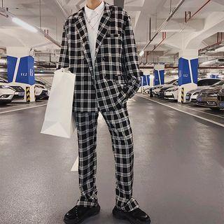 Set: Plaid Double Breasted Coat + Straight-fit Pants