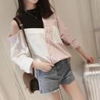 Long-sleeve Cold Shoulder Striped Panel Top