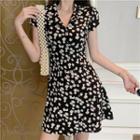 Floral Print Short-sleeve Mini A-line Dress As Shown In Figure - One Size