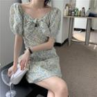 Puff Short-sleeve Tie-neck Floral Print A-line Mini Dress