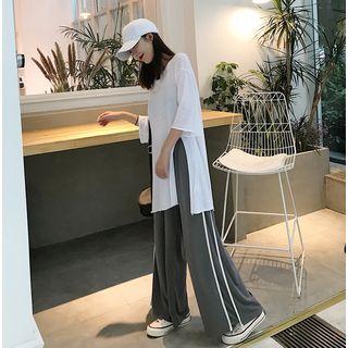 3/4-sleeve Slit-side Long Top / Wide-leg Sweatpants