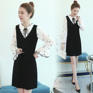 Mock Two-piece Long-sleeve Dotted Panel Mini Dress