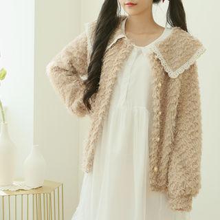 Puritan-collar Fluffy Cardigan