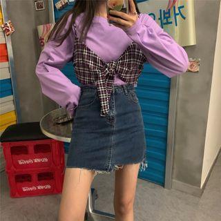 Plain Long-sleeve T-shirt / Plaid Cropped Camisole