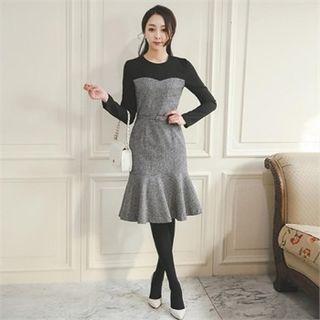 Color-block Ruffle-hem Dress With Belt