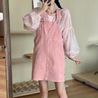 Plain Puff-sleeve Long-sleeve Blouse / Plain Overall Dress