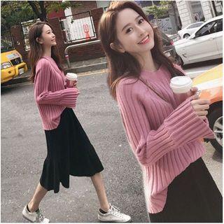 Set: Ribbed Sweater + Midi A-line Knit Skirt