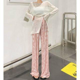 Long-sleeve Slit T-shirt / Shirred Wide Leg Pants