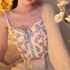 Cropped Cardigan / Flower Print Camisole Top / Pleated Skirt