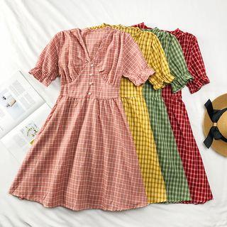 Checked V-neck A-line Dress