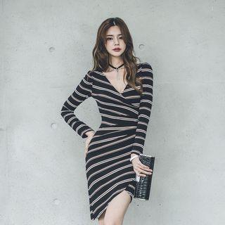 V-neck Asymmetric Stripe Sheath Dress