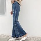 Contrast Trim Ripped Wide-leg Jeans