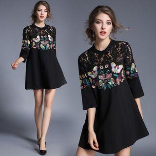 3/4-sleeve Floral Embroidered Loose-fit Crewneck A-line Dress