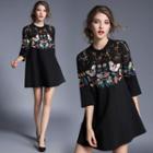 3/4-sleeve Floral Embroidered Loose-fit Crewneck A-line Dress