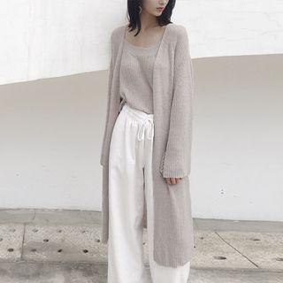 Set: Knit Sleeveless Top + Open-front Long Knit Cardigan