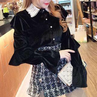 Set: Lace-trim Velvet Shirt + A-line Mini Skirt