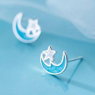 925 Sterling Silver Moon & Star Stud Earring As Shown In Figure - One Size