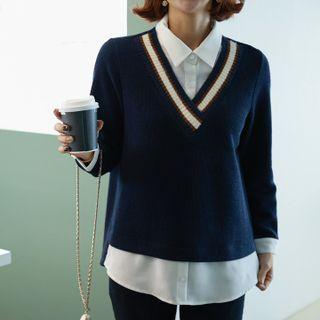 Inset Shirt V-neck Sweater