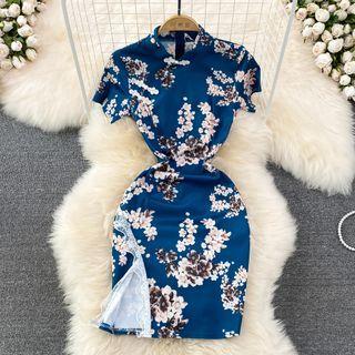 Short Sleeve Floral Print Qipao Dress