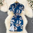 Short Sleeve Floral Print Qipao Dress
