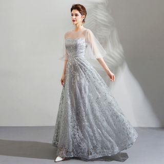 Elbow-sleeve Sequin A-line Evening Gown