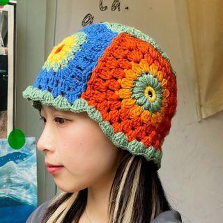 Flower Knit Bucket Hat Blue & Red - One Size