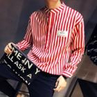 Band Collar Stripe Half-placket Shirt