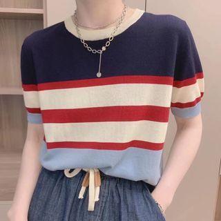 Short-sleeve Color Block Knit Top Blue & White & Red - One Size