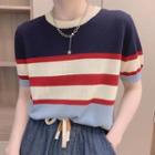 Short-sleeve Color Block Knit Top Blue & White & Red - One Size