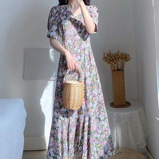 Puff-sleeve Floral Print V-neck Chiffon Midi Dress