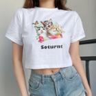 Cat Patterned Short-sleeve Cropped T-shirt