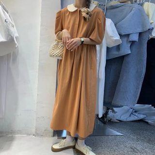 Puff-sleeve Midi Collared Dress
