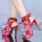 Floral Embroidered Stiletto Heel Platform Sandals