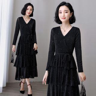 Long-sleeve Velvet Midi Layered Dress