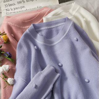 Pompom-accent Rib-knit Sweater