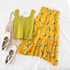 Set: Sleeveless Knit Top + Avocado Print Midi A-line Skirt