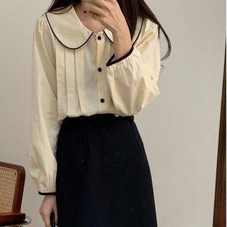 Long-sleeve Peter Pan Collar Contrast Trim Ruched Loose Fit Shirt