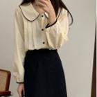 Long-sleeve Peter Pan Collar Contrast Trim Ruched Loose Fit Shirt