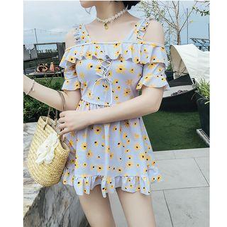 Cutout Shoulder Flower Print Swimdress