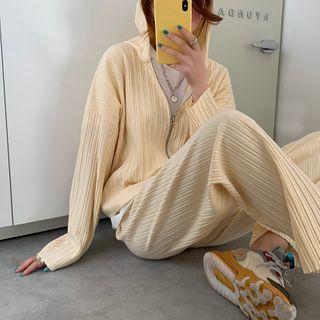 Plain Zip-up Hooded Jacket / Wide-leg Pants