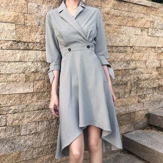 Asymmetric Hem Elbow-sleeve Dress